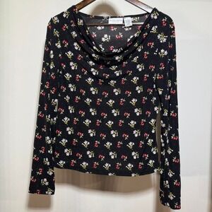 Jaclyn Smith Black Floral Semi Sheer Long Sleeve Top With Cowl Neck Size Medium